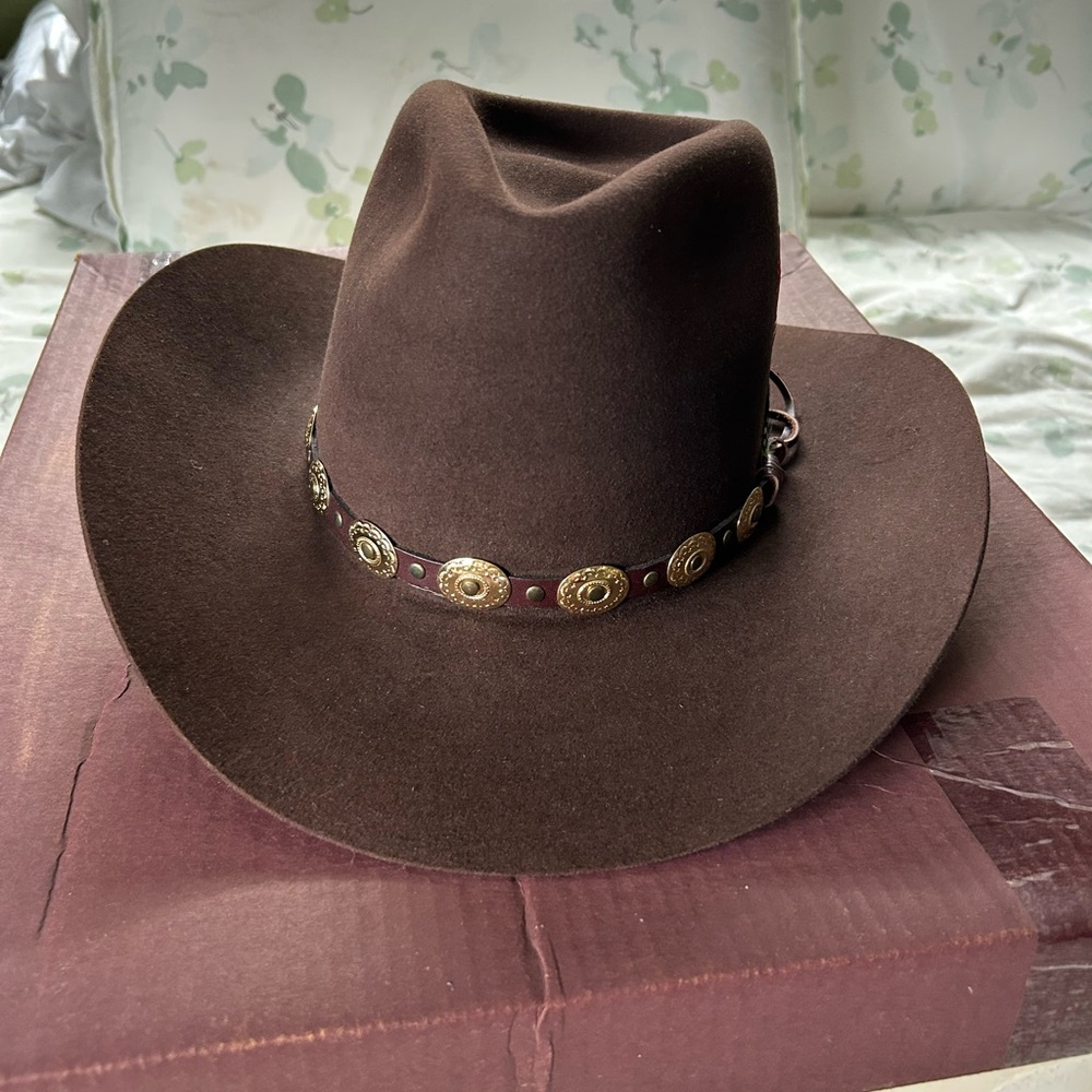 Parker Western Wear Reno NV 5x Brown Cowboy Hat with brass concha Details size 7